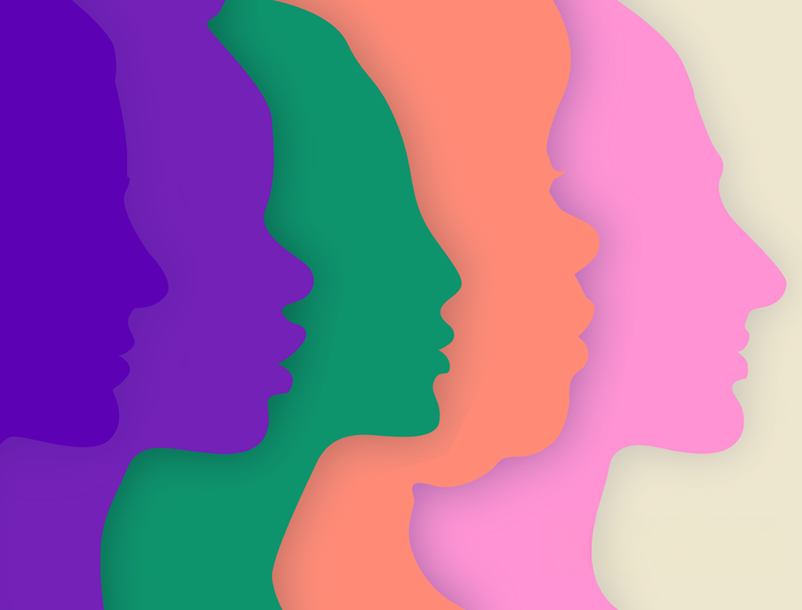 A colorful silhouette graphic of women's heads.