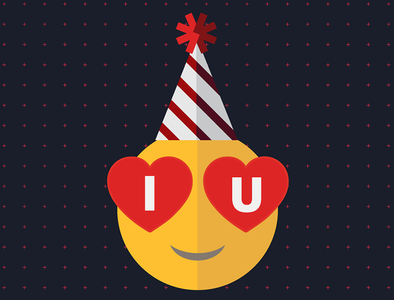 A smiling emoji with IU heart eyes and wearing a party hat.