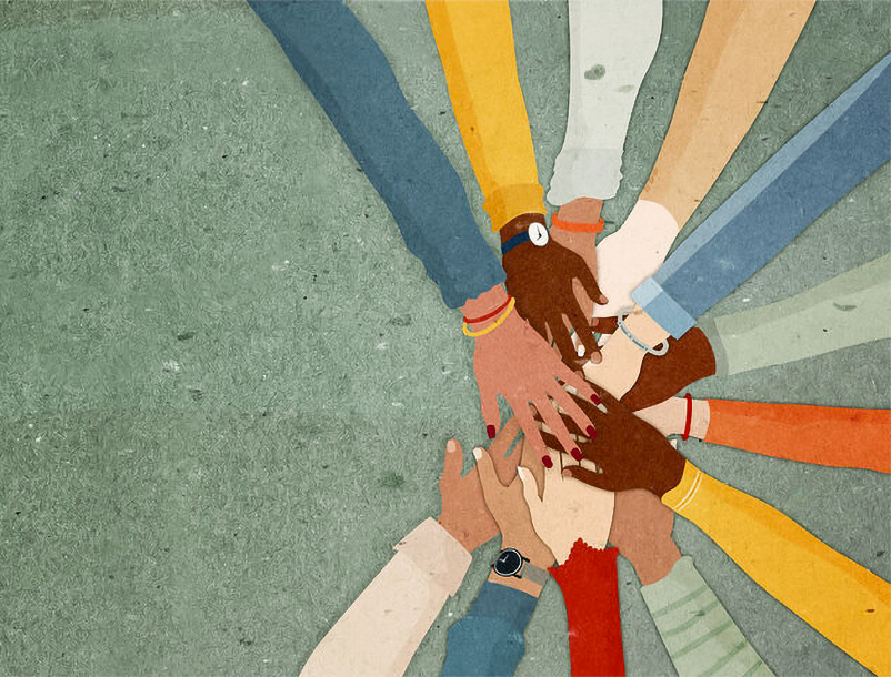 A painted image of a diverse group of hands all together in a circle.
