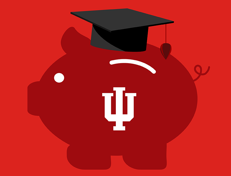 An IU piggy bank wearing a grad cap.
