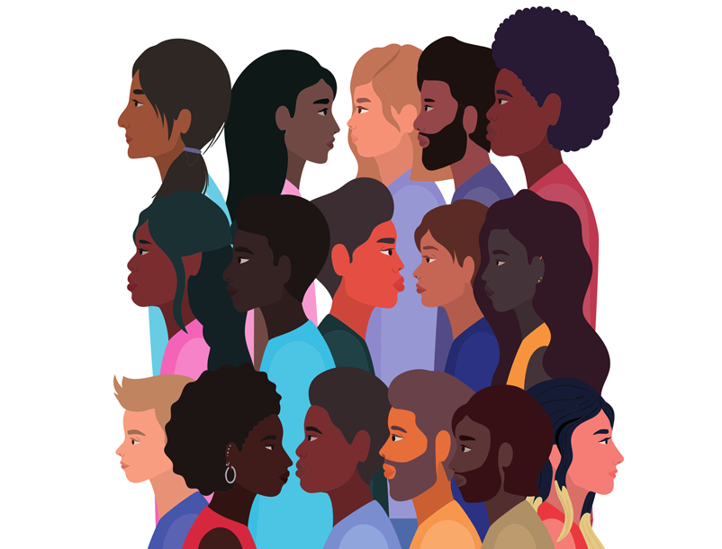 A stylized graphic of a diverse group of people.