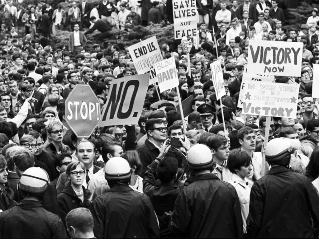 Students stage an anti-war protest during then Secretary of State Dean Rusk’s visit to campus in 1967