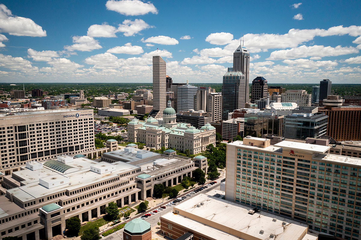 Aerial photograph of downtown Indianapolis.
