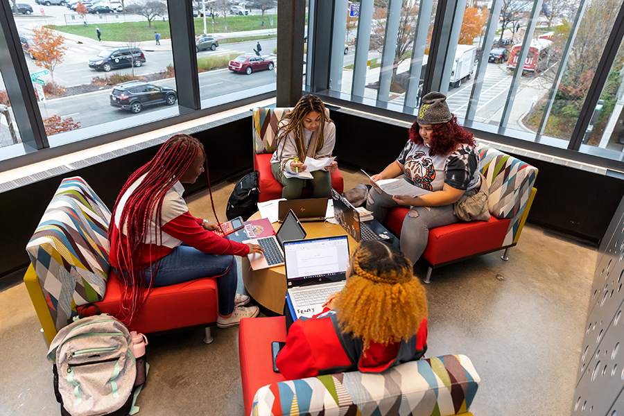 Students studying at the Fairbanks School of Public Health.