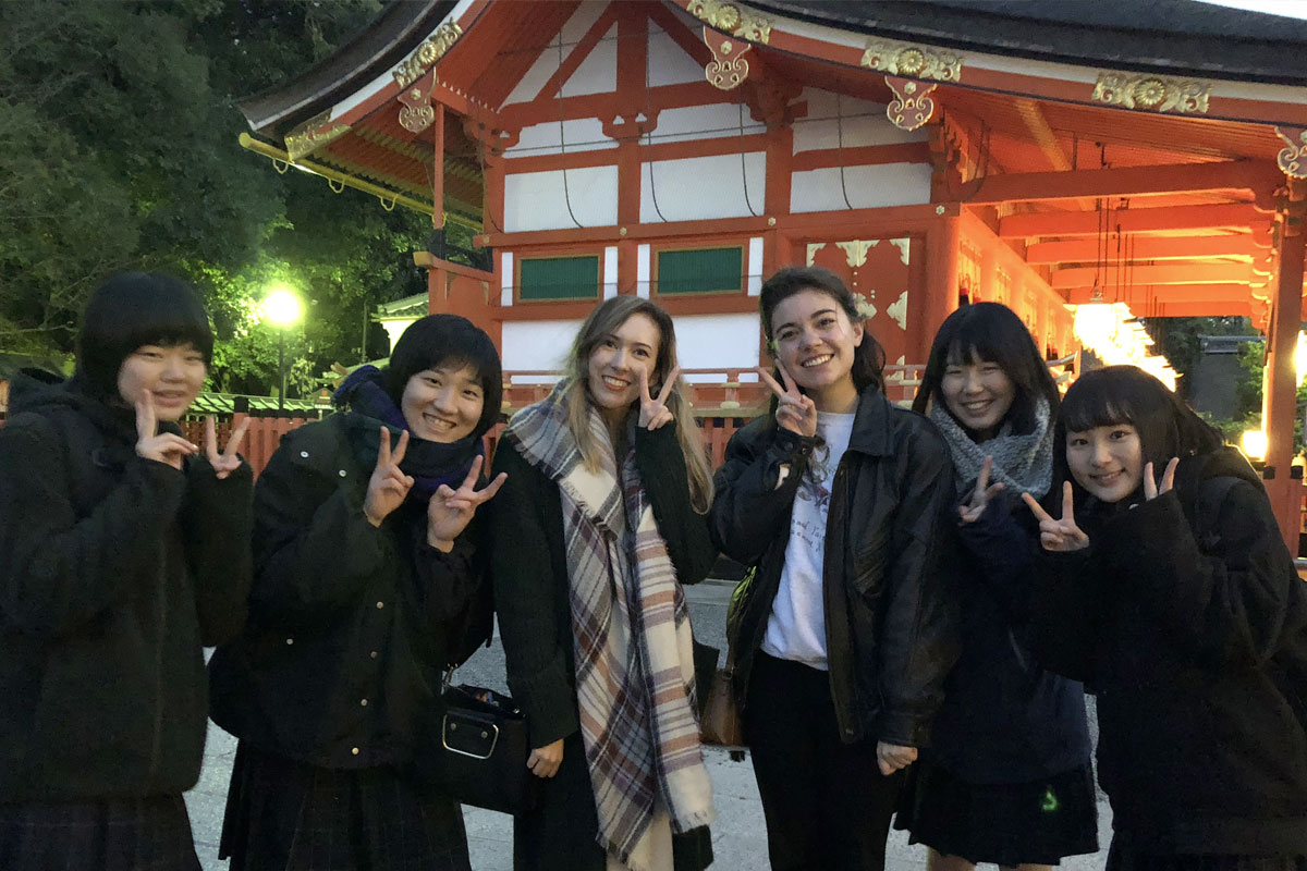 IU student Cordelia Driussi with Japanese students at Fukuyama University in Japan.