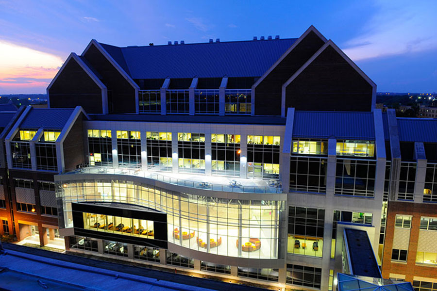 An exterior view of the IU Simon Comprehensive Cancer Center at sunset.