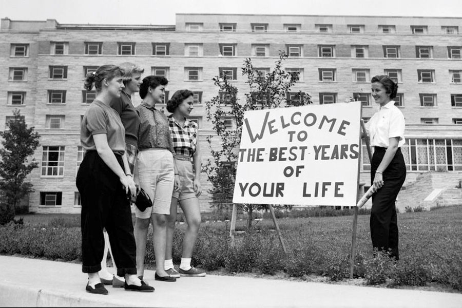 Female students outside of Smithwood Hall in 1956.
