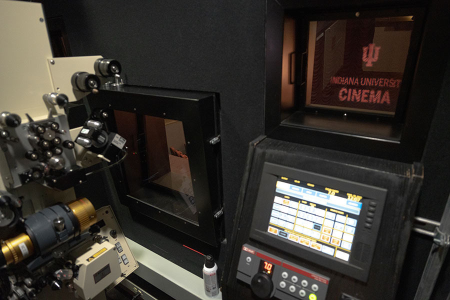 A close-up shot of IU Cinema's film technology.
