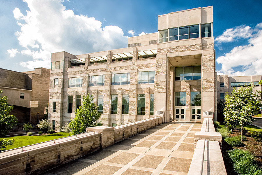 An outside view of the MBA wing of the Bloomington Kelley School of Business building.