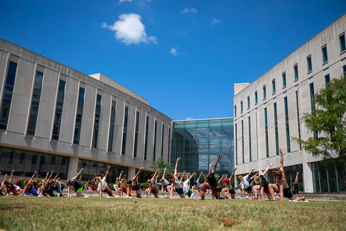 A large group of students performing yoga on the lawn in front of the SGIS building on the Indiana University campus in Bloomington.