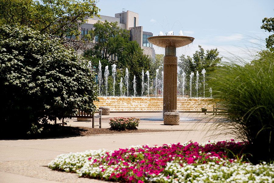 A view of the fountain outside of the Jacobs building.