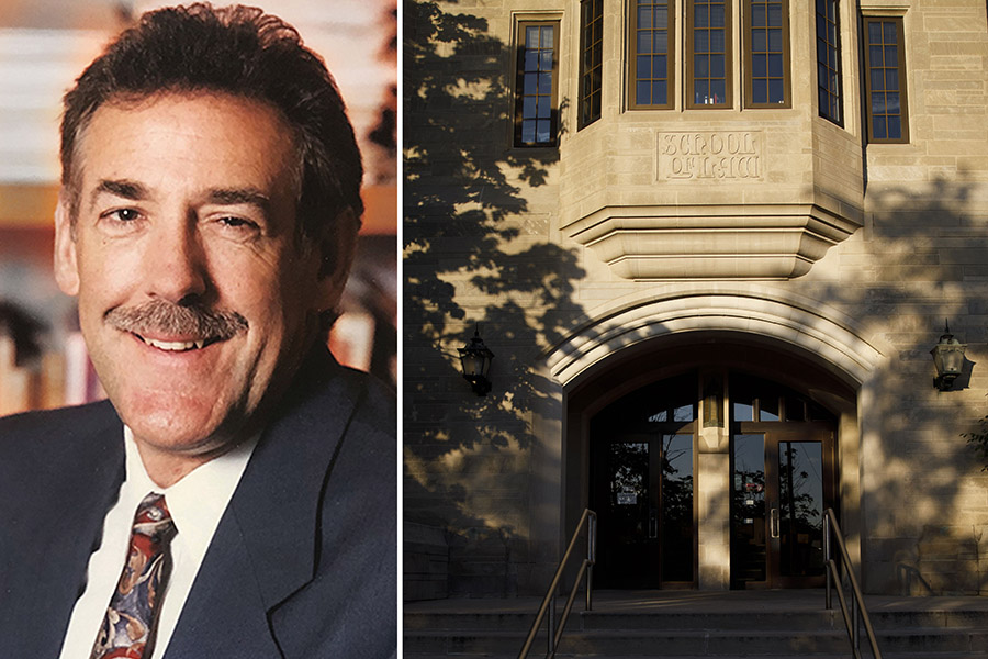 A split image with Leonard Fromm on the left and an exterior view of the Maurer building on the right.